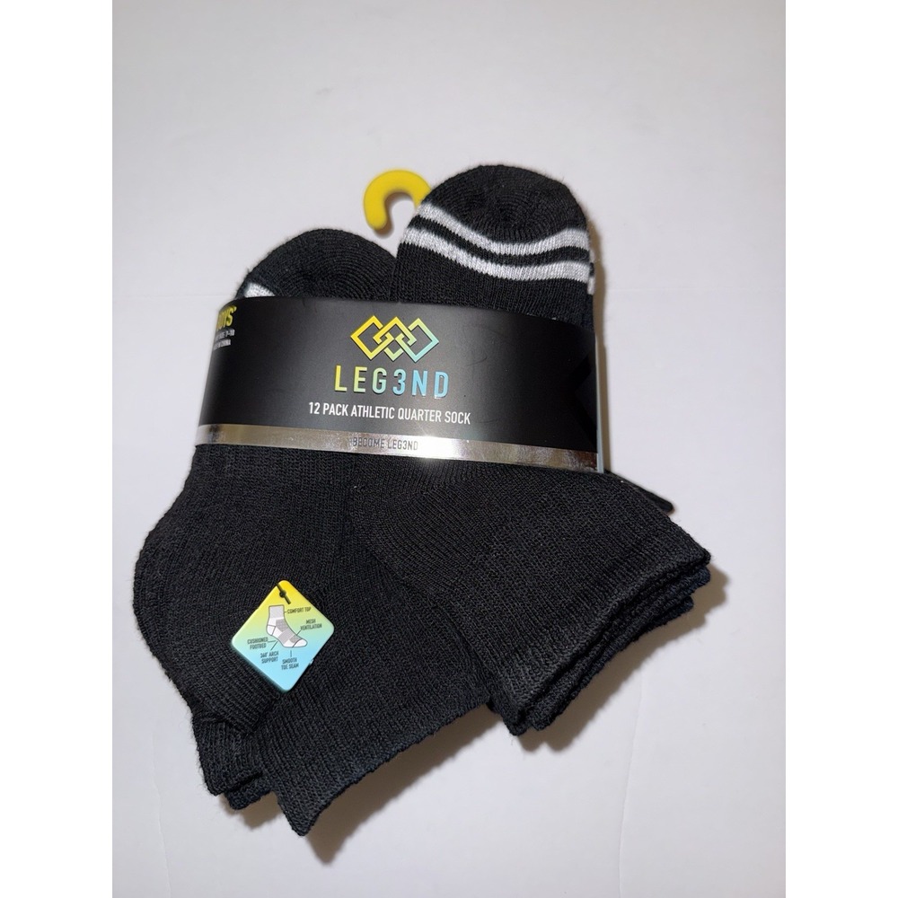 LEG3ND Boys 12 Pack Socks Athletic Quarter 7-10 Black Cushioned Sport Arch NEW